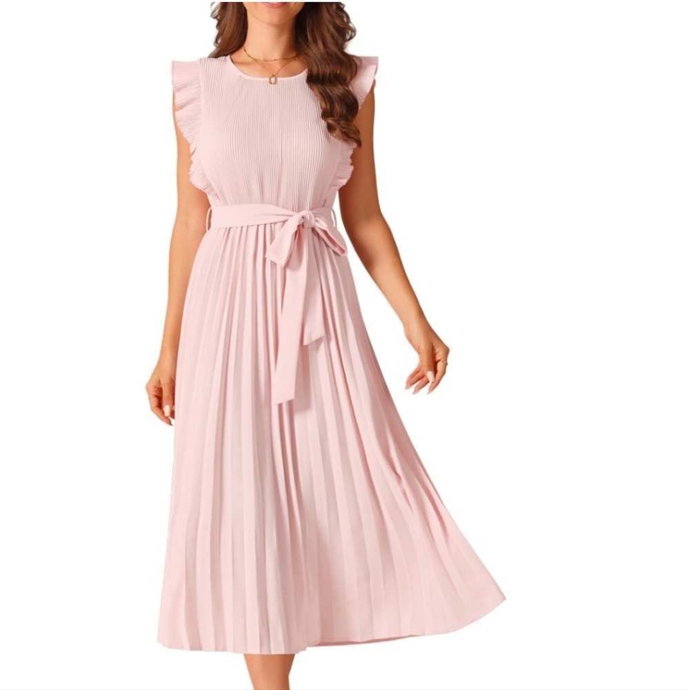 Seta T Woman's Casual Ruffle Sleeveless Pleated Belted Midi Dress ~ Pink